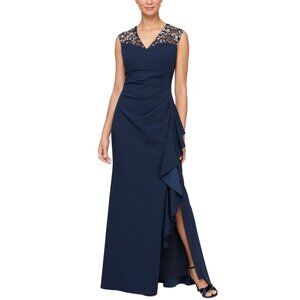 219$ Alex Evenings Embellished Illusion-Yoke Gown Maxi Dress Petite Size 6P Navy